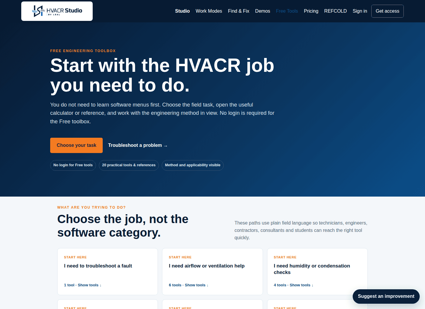 HVACR Studio Free Tools page showing task-first discovery cards for troubleshooting, airflow and humidity work.