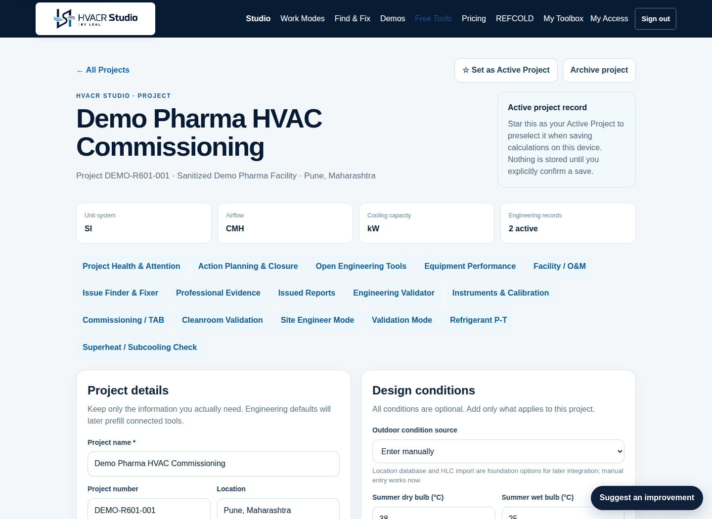 HVACR Studio professional Project page for a sanitized demo pharma HVAC commissioning project with project tools, engineering records and design conditions.