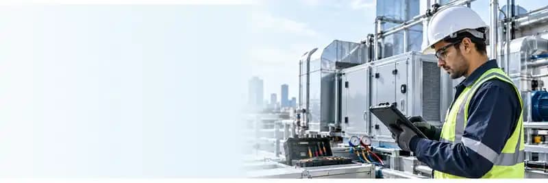 HVACR engineer working with rooftop equipment and digital engineering tools
